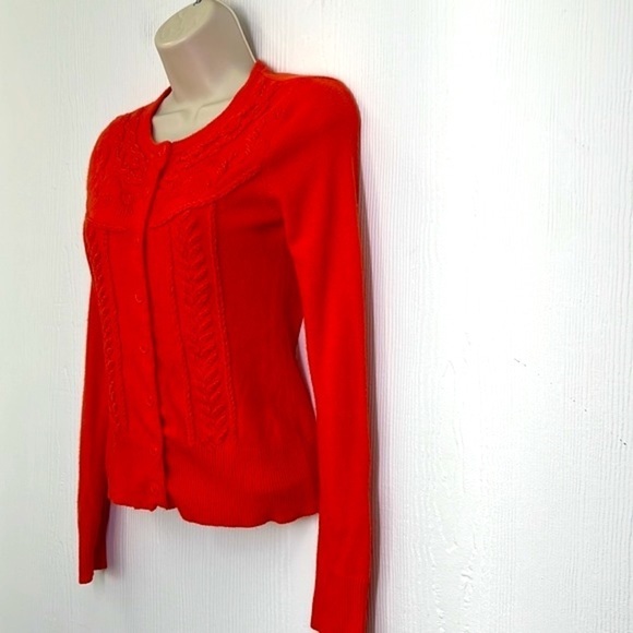 Tabitha - Anthropologie Orange Embroidered Flowers Button Up Cardigan Size XS - Picture 6 of 11
